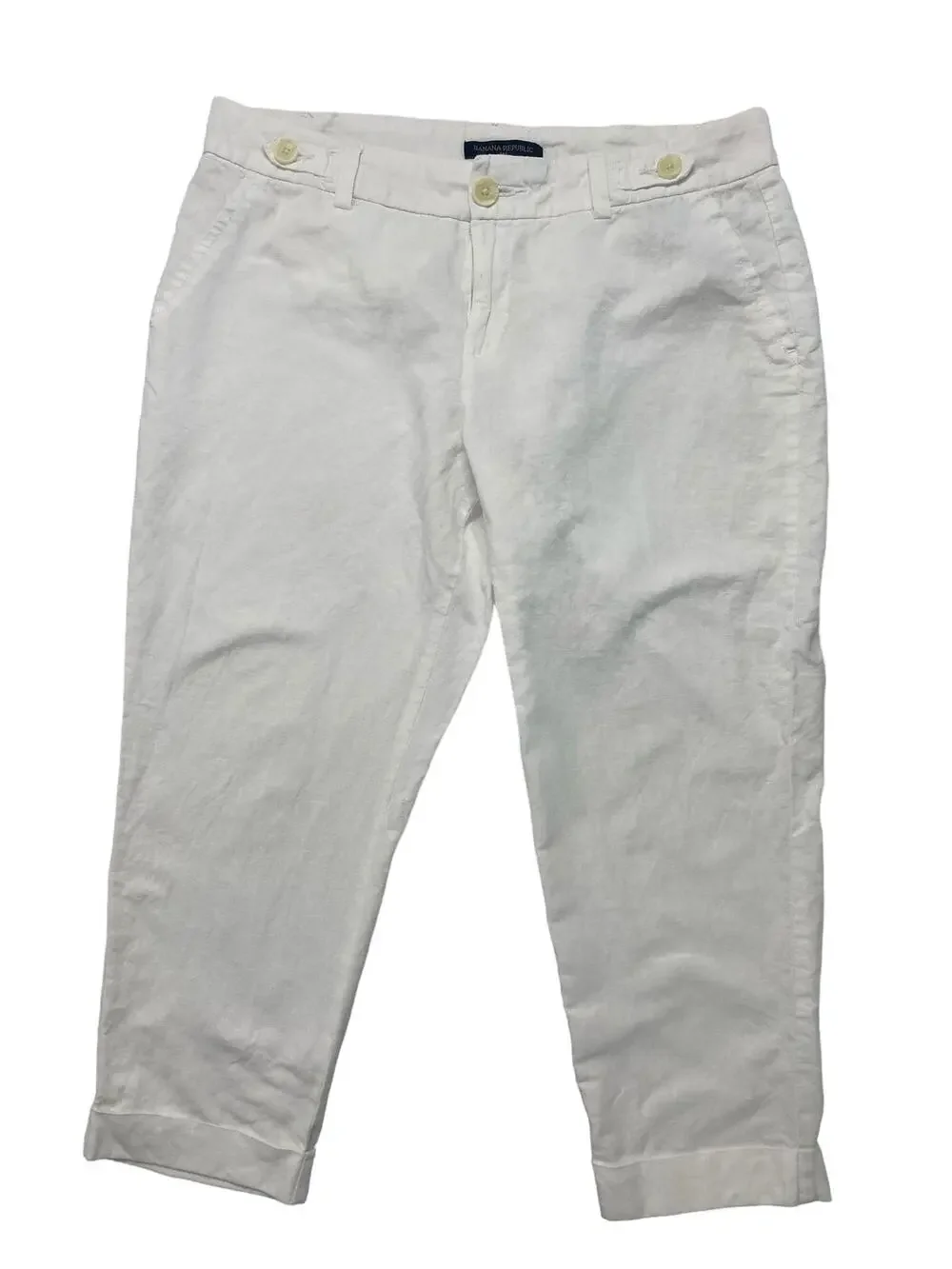 BANANA REPUBLIC White Linen Blend Crop Straight Leg Pants Size 8 Petite Coastal